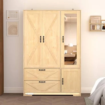 4-Door Wooden Wardrobe Closet with Mi...