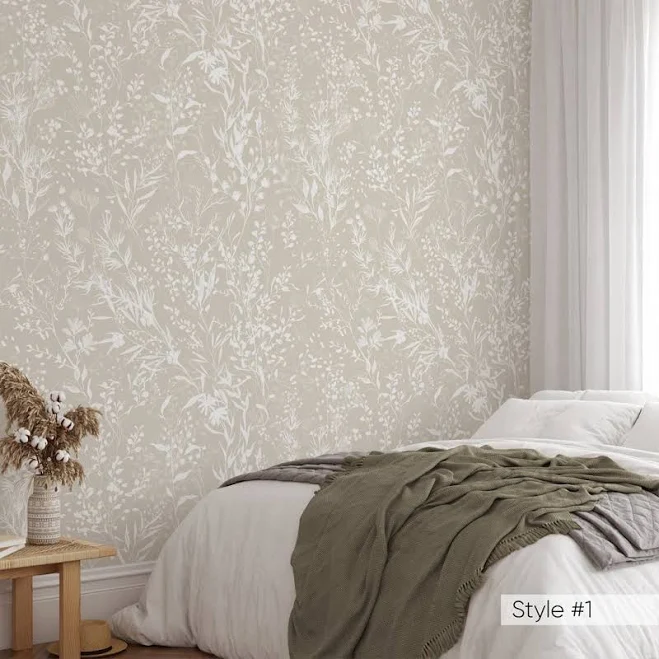 SALE! Beige & White Floral Wallpaper ...