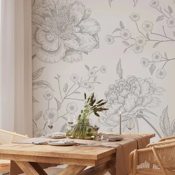 Subtle Grey Detailed Floral Wall Mural