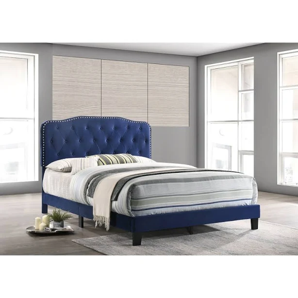 Navy Velvet Upholstered Panel Bed wit...