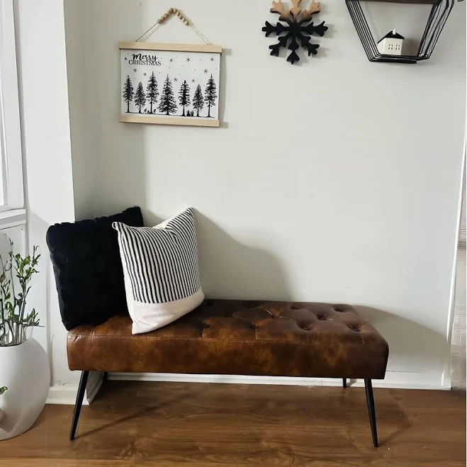 Tufted Leather Bench, Upholstered Ott...
