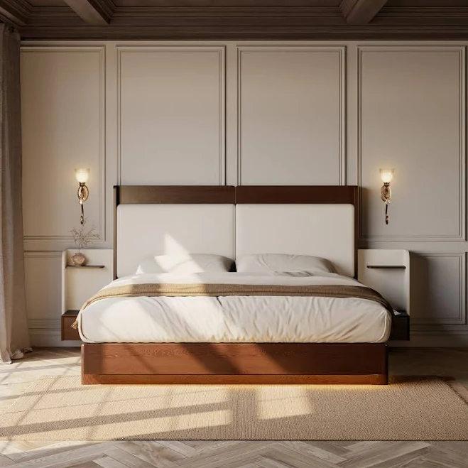 King Solid Wood Bed with Leather Exte...