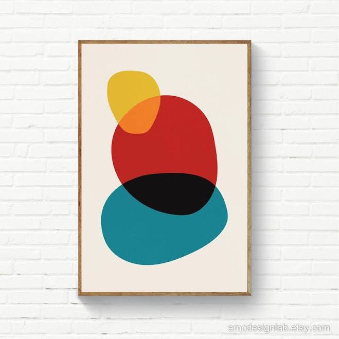 Abstract Circles Art, Blue Red Mustar...
