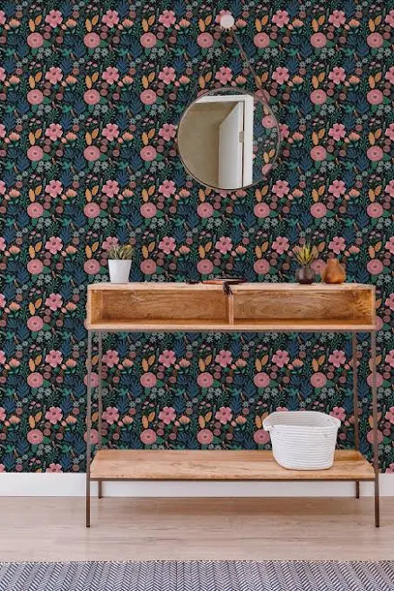 Dark Green and Pink Botanical Wallpap...