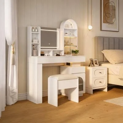 Arched Vanity Desk with Mirror, Light...