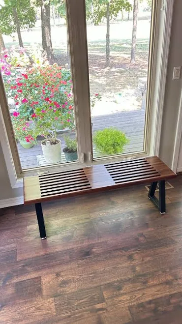 Walnut Slatted Bench: Mid-Century Mod...