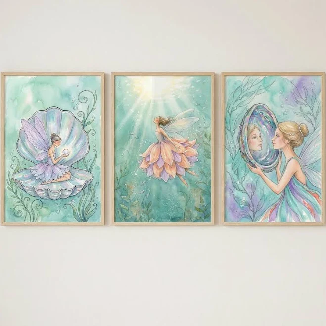 Sea Fairies Watercolor-Style Wall Art...