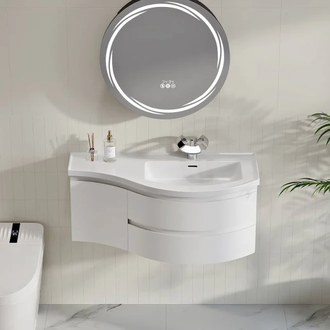 Floating Curved Bathroom Vanity in Wh...