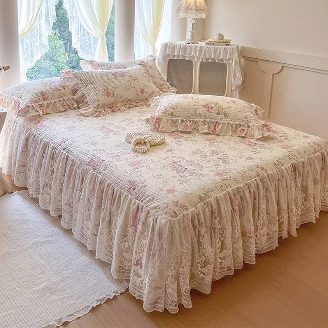 French Rose Bed Skirt with Lace Trim ...