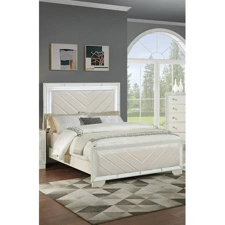 Cream Faux Leather Queen Bed with LED...