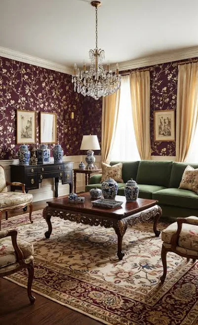 Burgundy Botanical Wallpaper with Gol...
