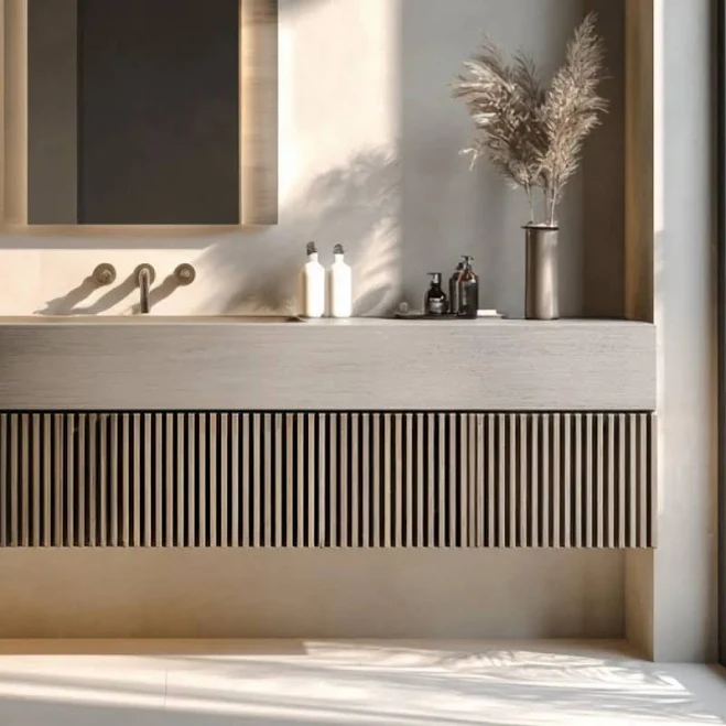 Fluted Gray Oak Floating Vanity - Mod...