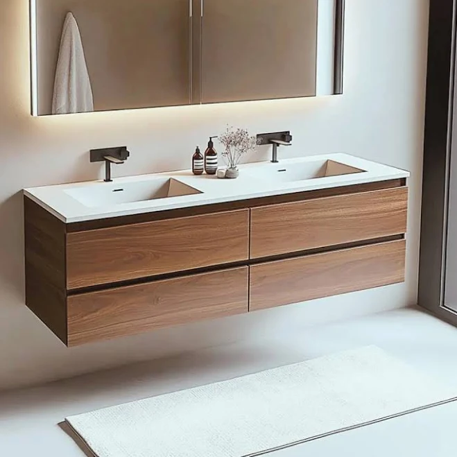 Walnut Floating Double Sink Vanity - ...