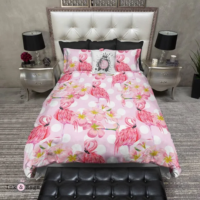 Pink Plumeria Flamingo Dot Bedding Co...
