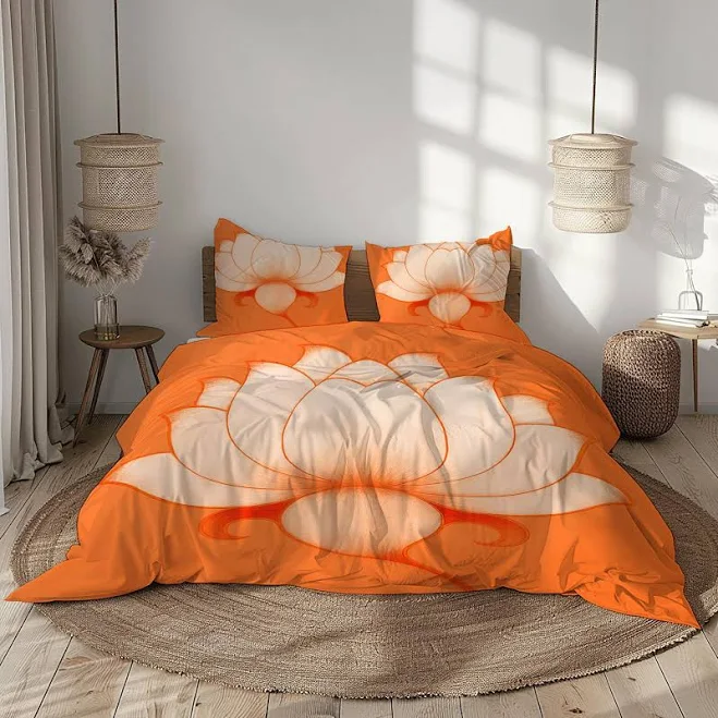 Orange White Lotus Flower Duvet Cover...