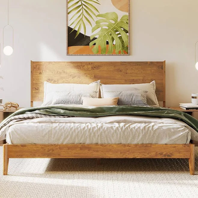 Solid Wood Bed Frame with Headboard, ...