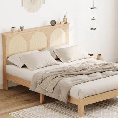 Arched Rattan Wooden Bed Frame with H...