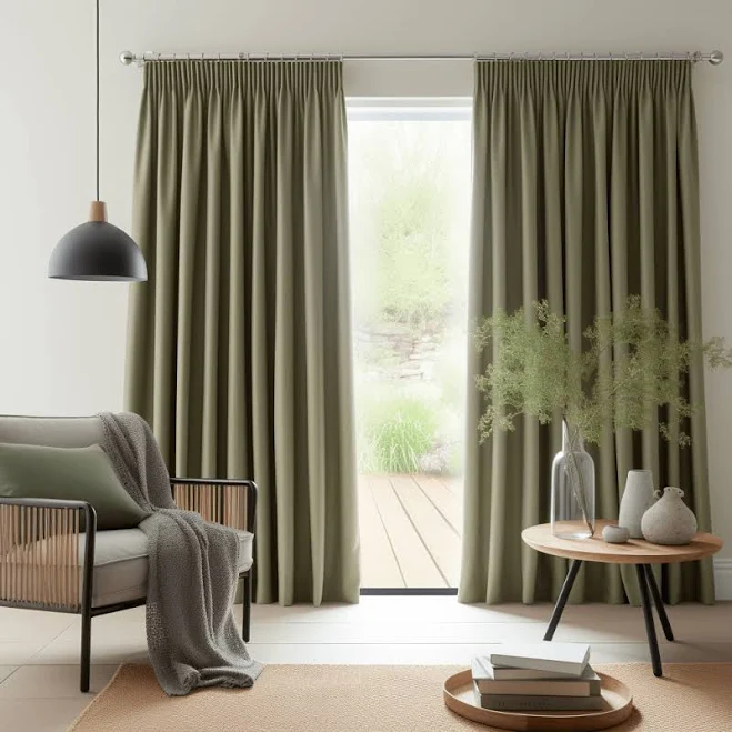 Sage Green Pencil Pleat Linen Curtain...
