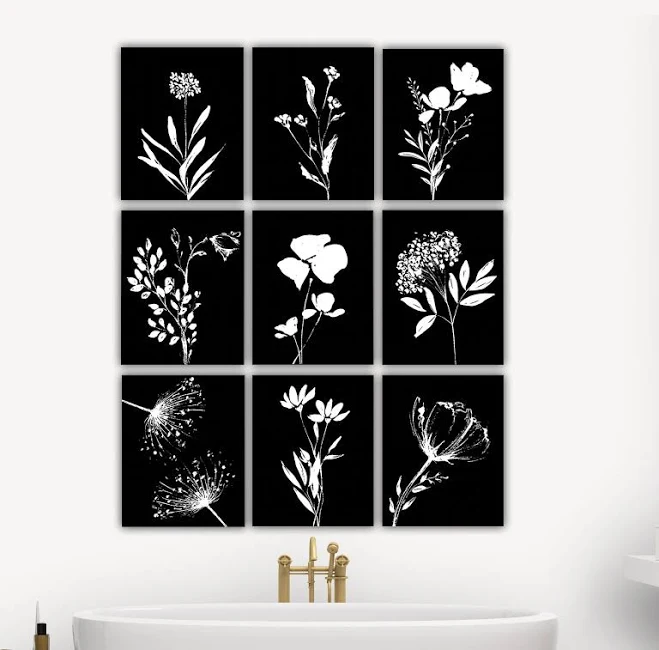 Botanical Flower Sketches on Black Ba...