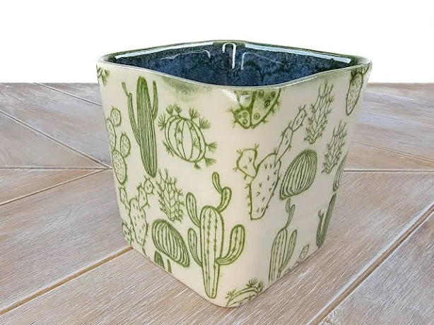 Green Cactus Planter White Cacti Deco...