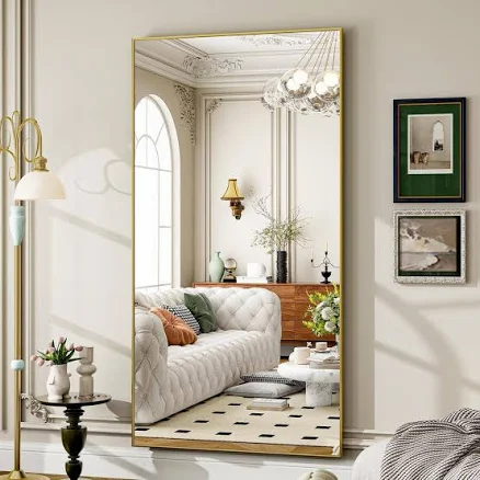 XRAMFY 34 in. W. x 76 in. H Rectangular Gold Aluminum Alloy Framed Modern Oversi