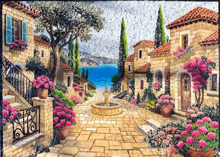Mediterranean Courtyard Mosaic Wall Art - Luxury Handmade Marble & Stone Artwork