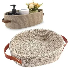 Small Woven Basket, Cute Mini Cotton Rope Storage Basket with leather handle, Ti
