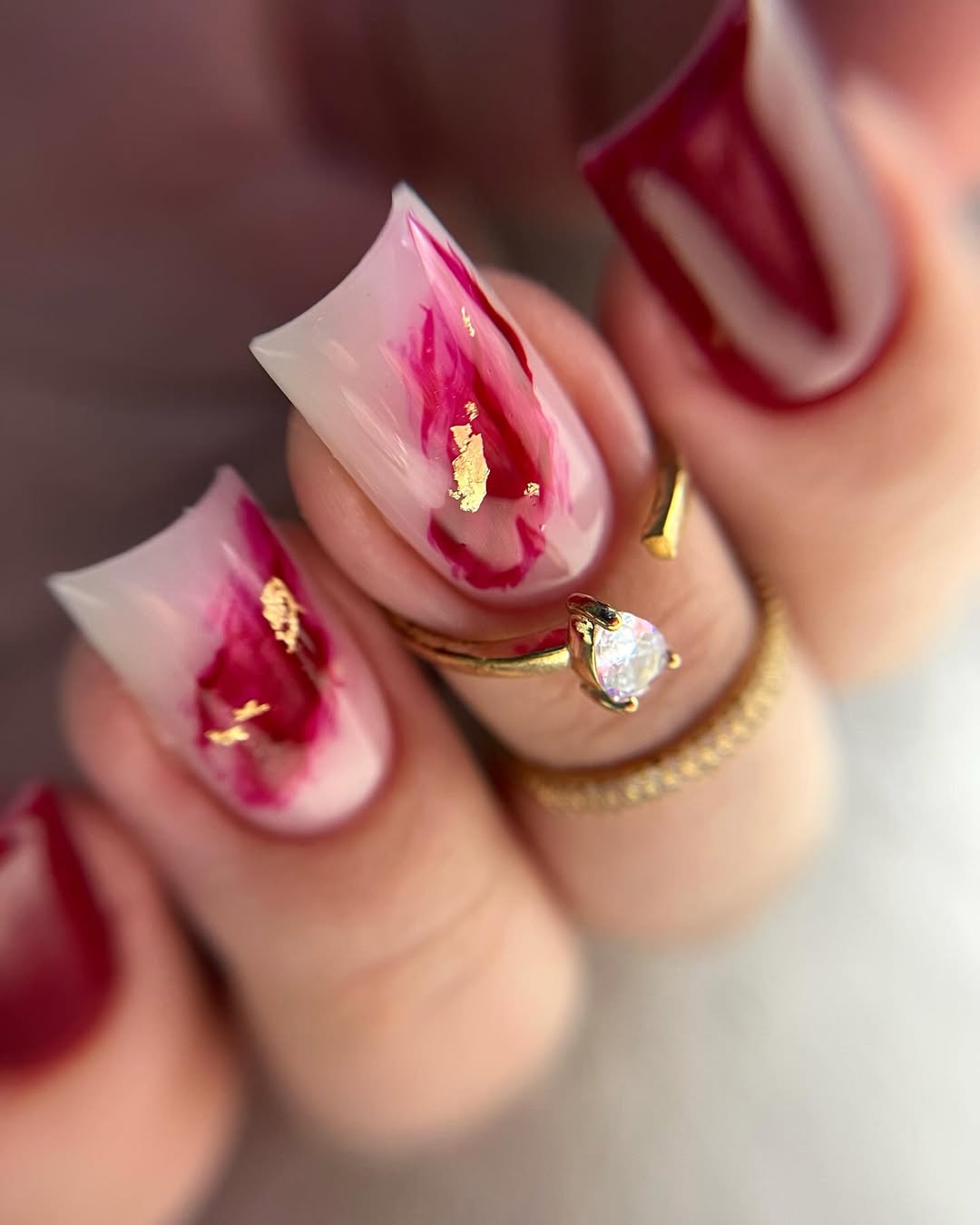 Berry Swirl Watercolor Gold Flake Square Nails