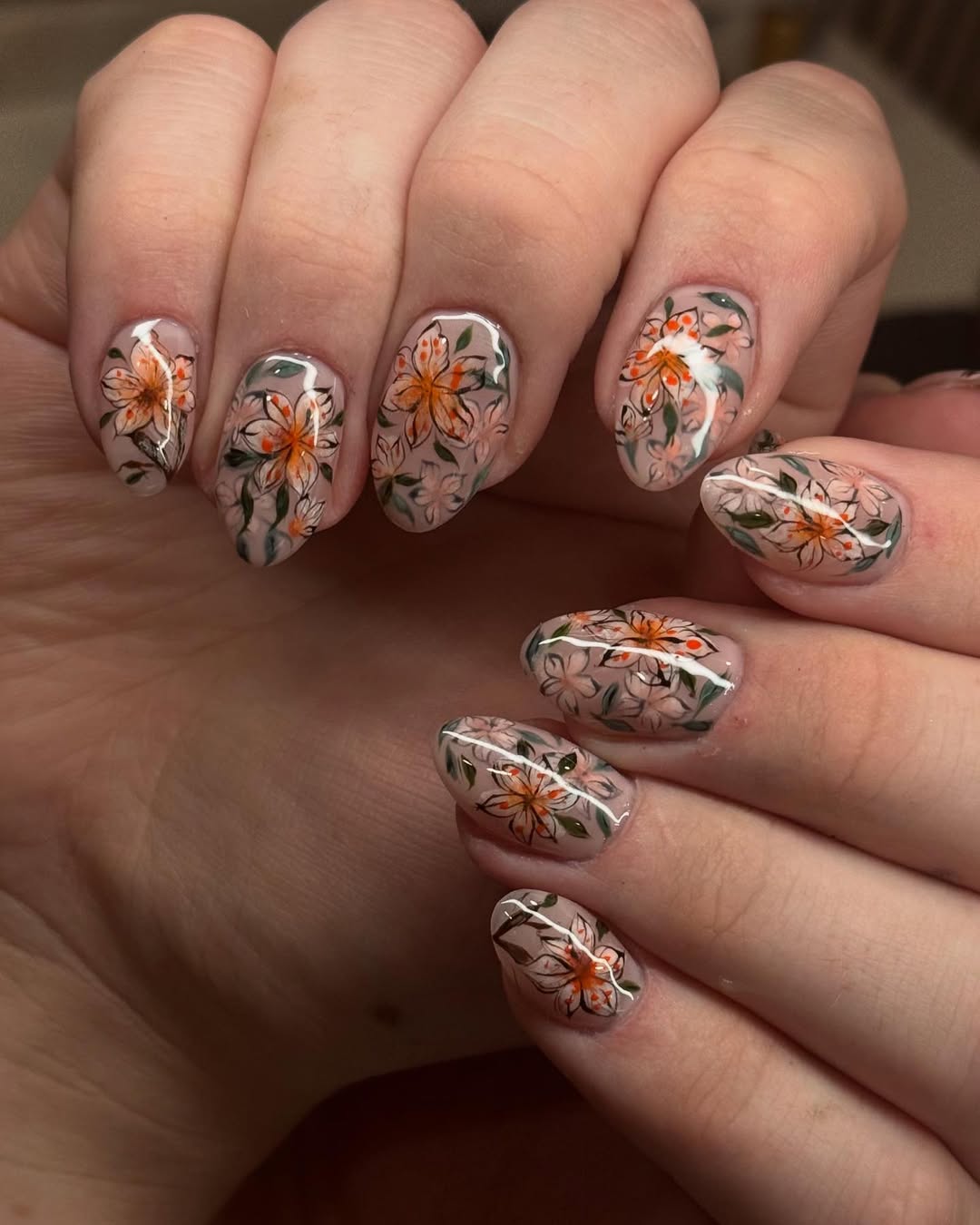 Vibrant Floral Overlay Glossy Oval Nails