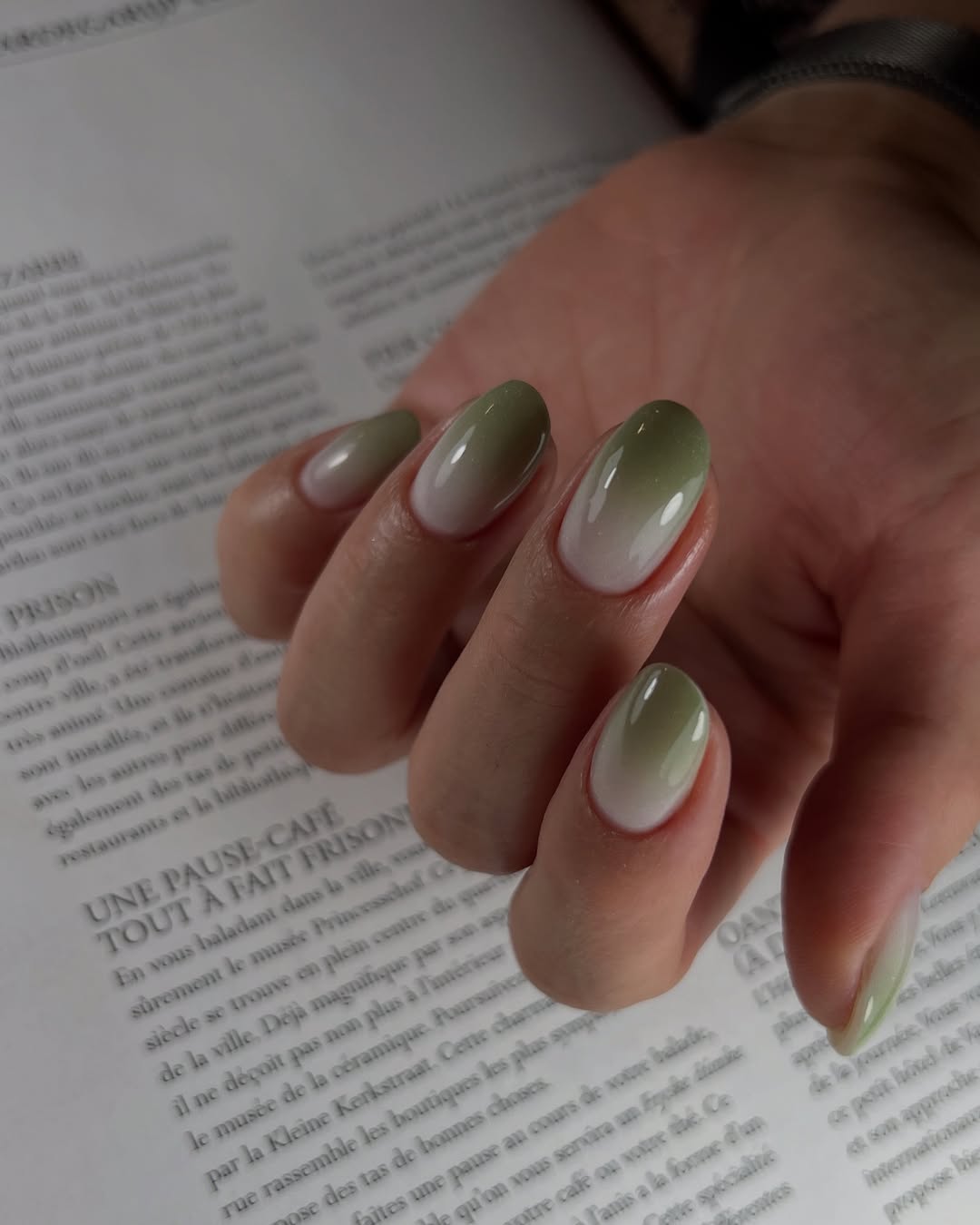 Glossy Matcha Green Ombré Oval Nails