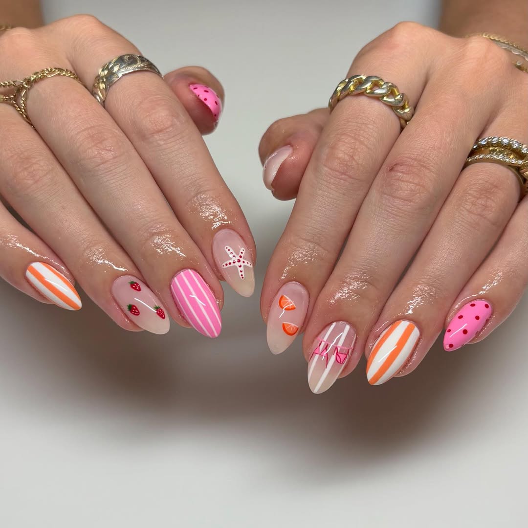 Whimsical Summer-Themed Glossy Almond Nails