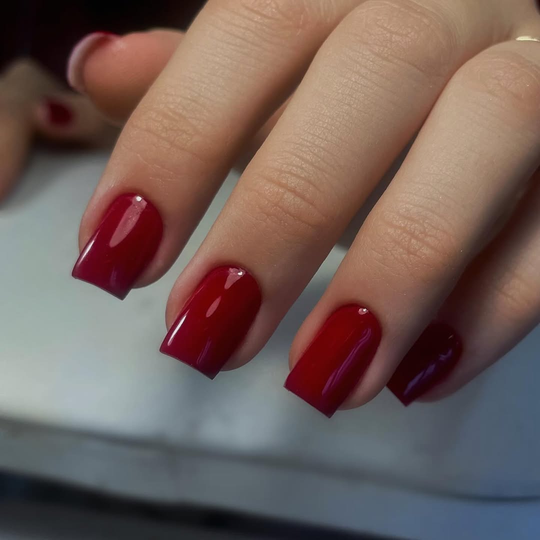 Glossy Ruby Red Square Short Nails With Rhinestones