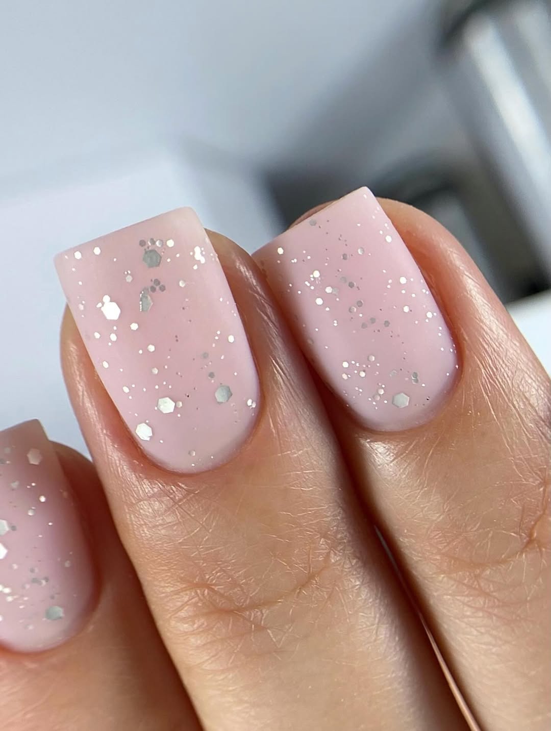 Pastel Pink Glitter Square Manicure