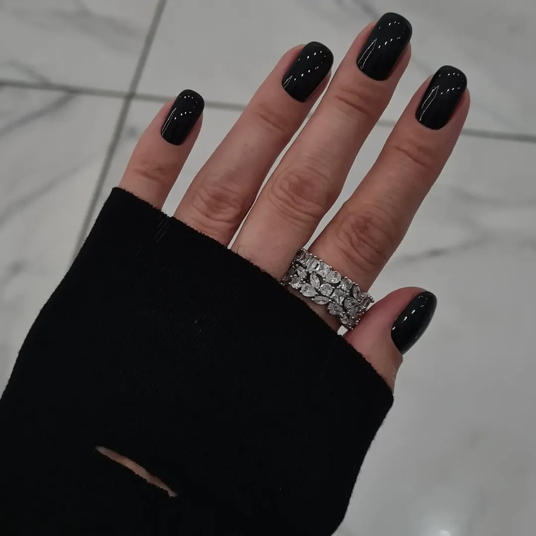Glossy Jet Black Short Squoval Nails