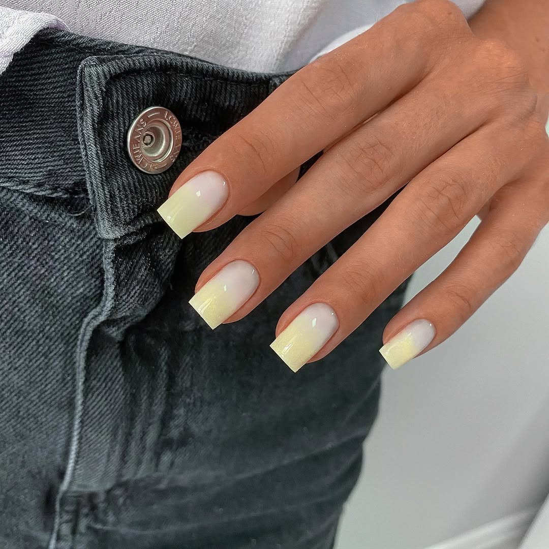 Soft Yellow Ombré Glossy Square Nails