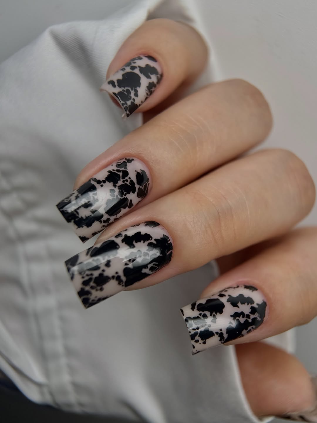 Black and White Cow Print Glossy Square Nails