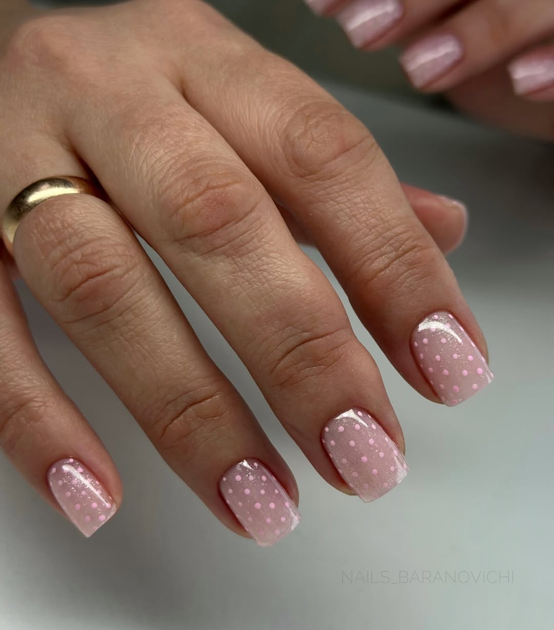 Light Pink Polka Dot Glossy Square Nails