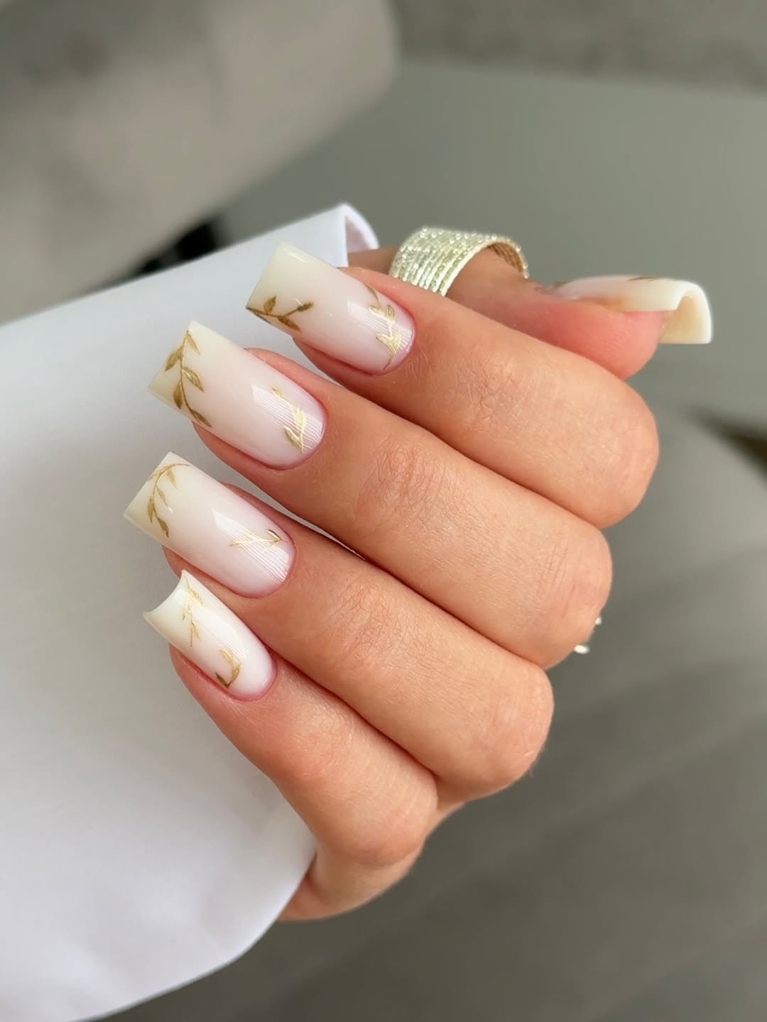 Soft Milky White Gold Leaf Accent Square Nails