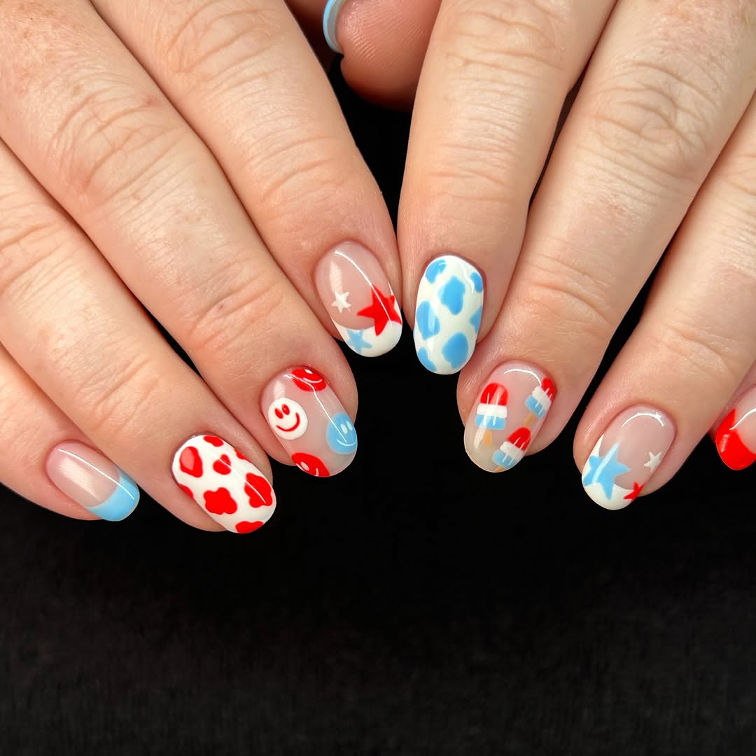 Whimsical Red White Blue Themed Hand-Painted Nail Art