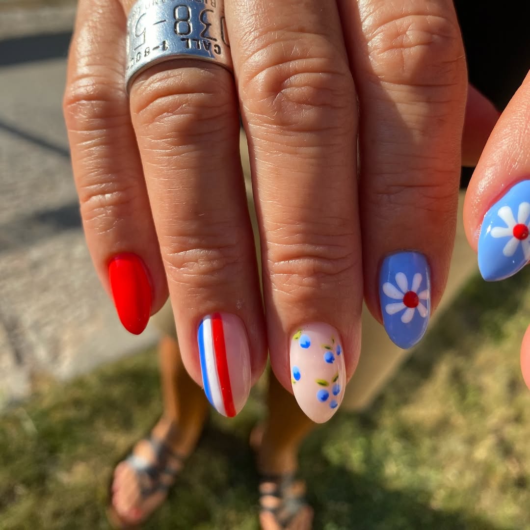 Patriotic Floral and Striped Fourth of July Nails