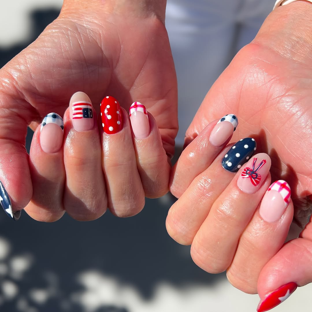 Patriotic Playful Red White Blue Oval Festive Nails