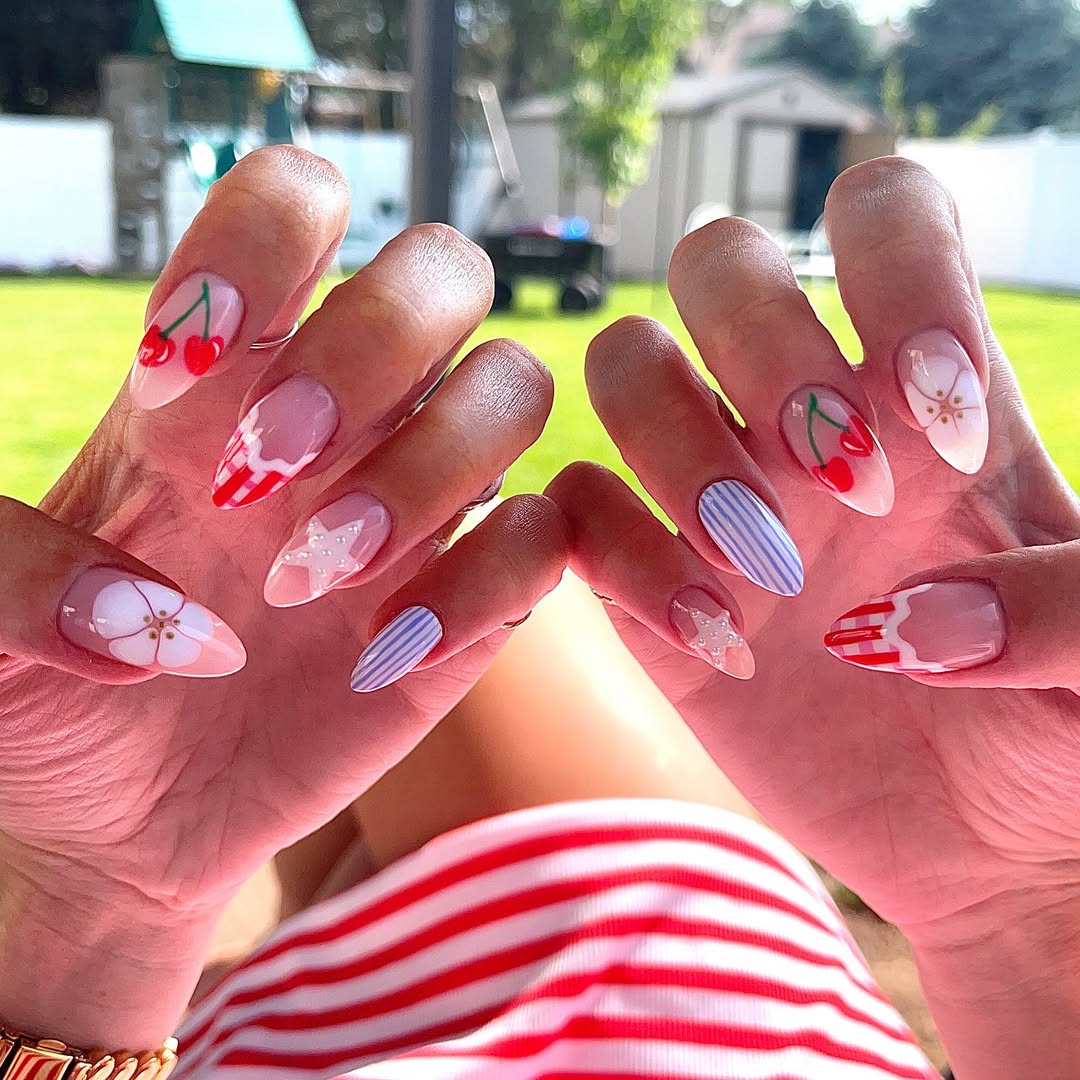 Patriotic Playful Red White Blue Mismatched Nails