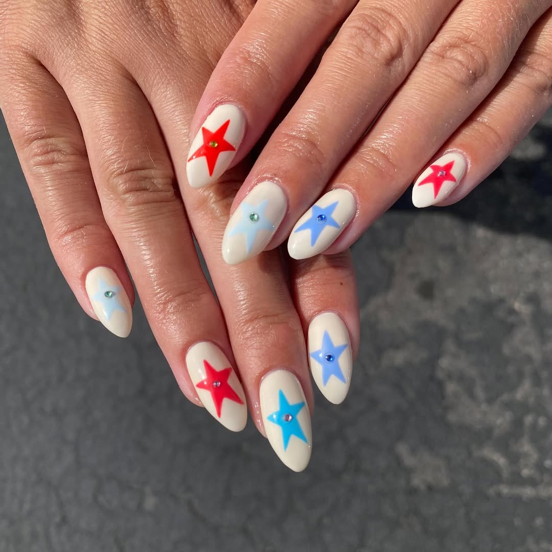 Patriotic Americana Star Embellished Almond Nails