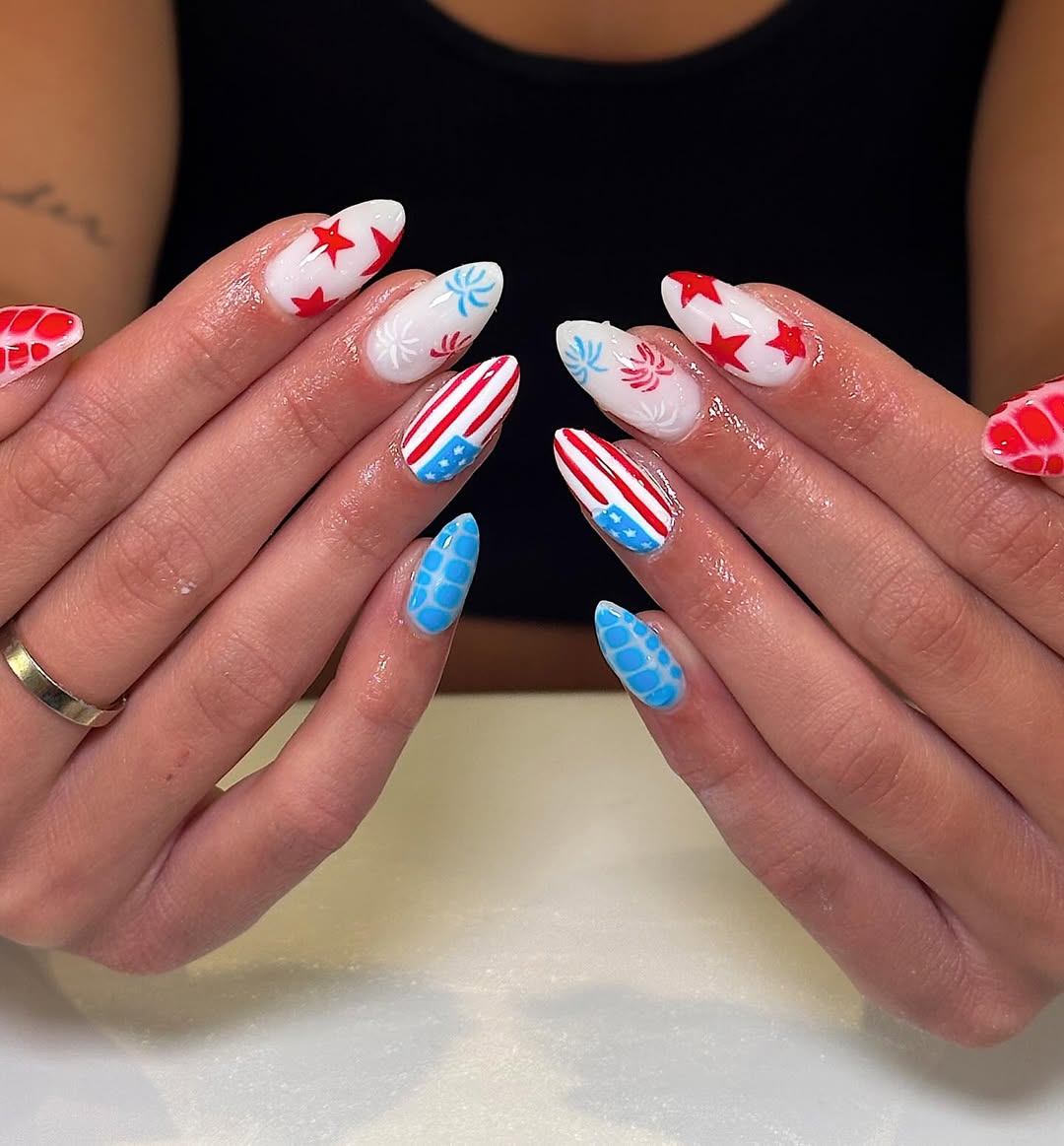 Patriotic July Fourth Almond Nails