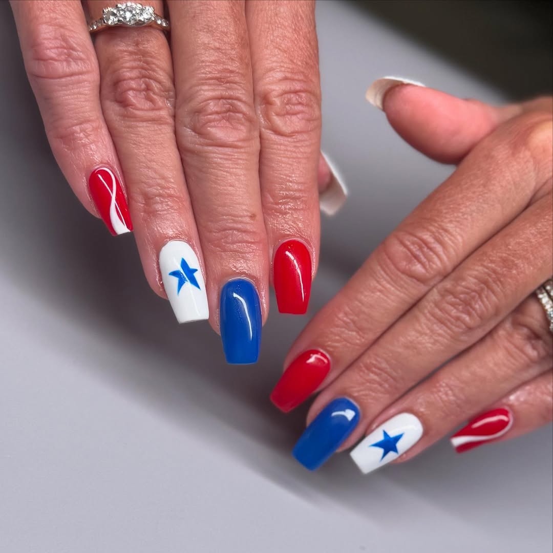 Patriotic Red White Blue Coffin Nail Art