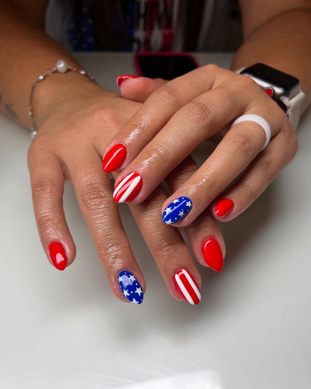 Patriotic Red White Blue Almond Sparkle Nails