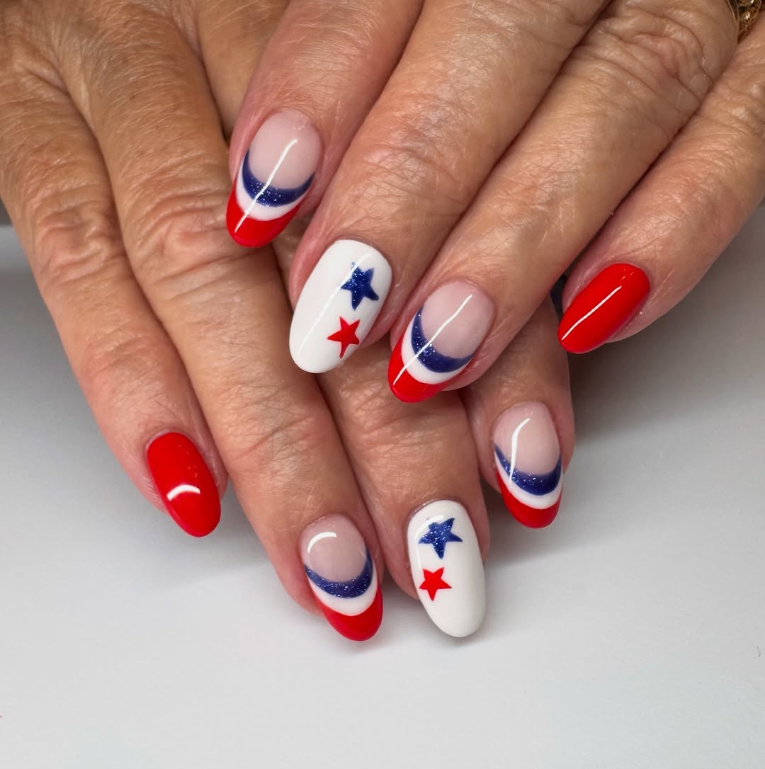 Patriotic Red White Blue French Tip Star Nails