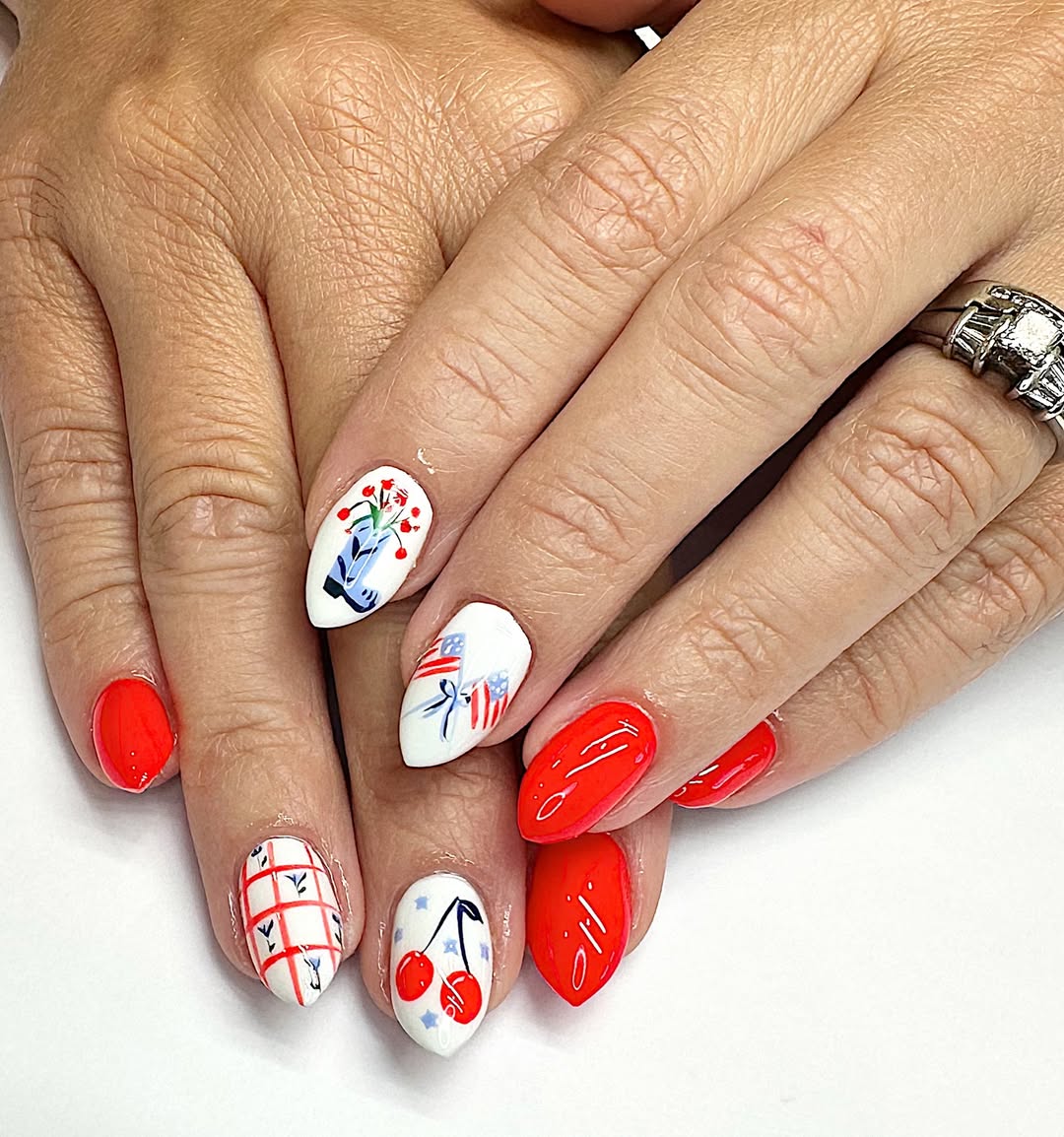 Patriotic Americana Cherry Blossom Almond Nails