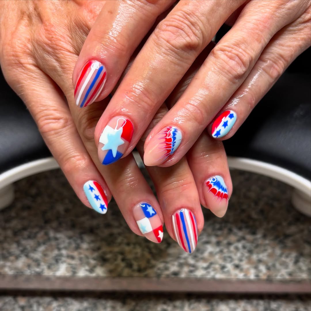 Patriotic Red White Blue Almond Nail Art