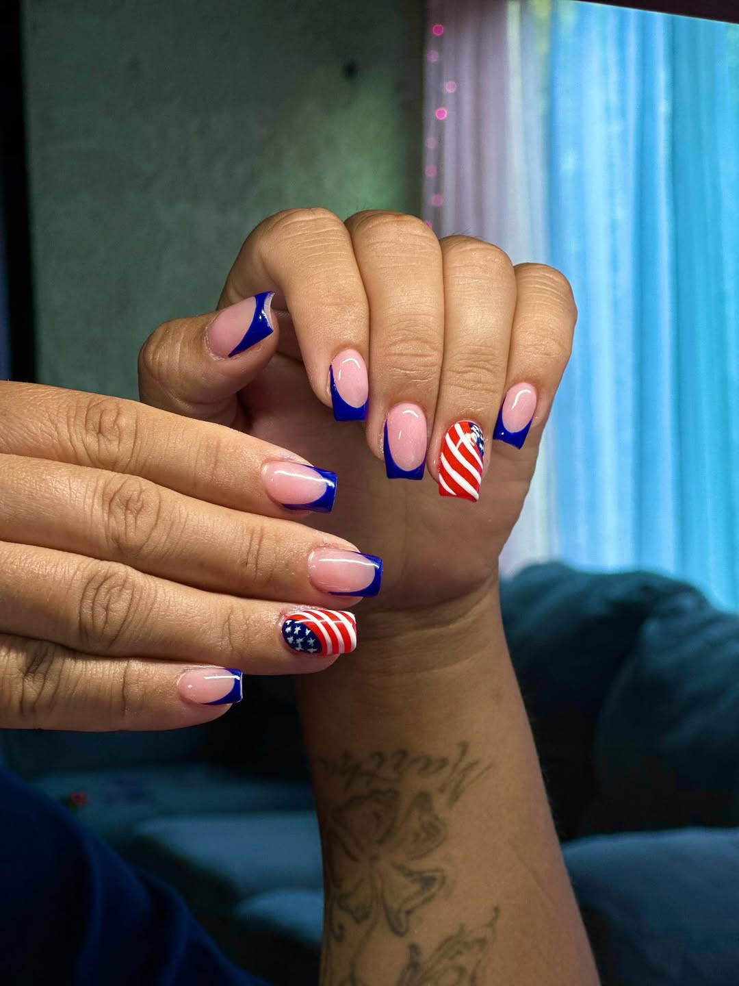 Patriotic Blue French Tips with American Flag Accent Nails